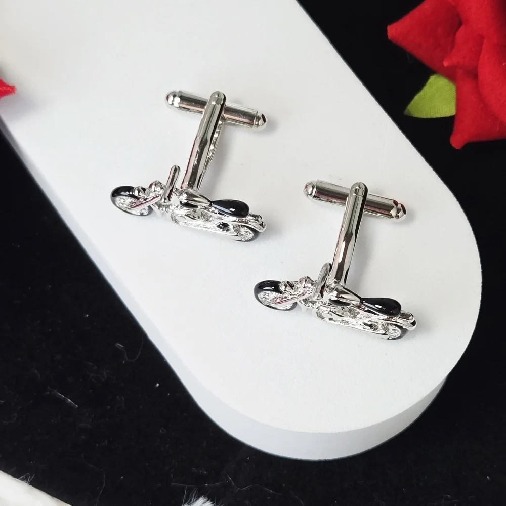 Motorcycle Cufflinks Silver Black Enamel Bike Rider French Cuff Formal Bikercore